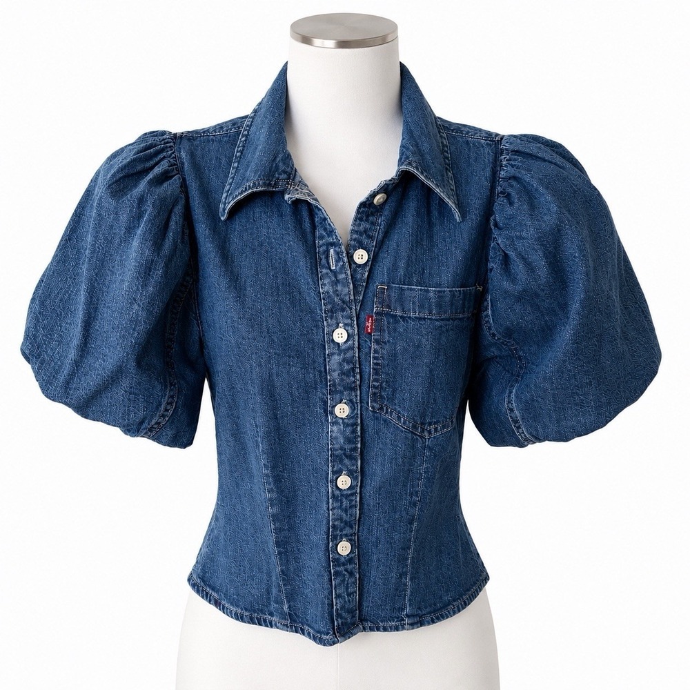 Levi's Puff Sleeve Denim Top XS Balloon Sleeve Fitted Button Front Cottagecore
